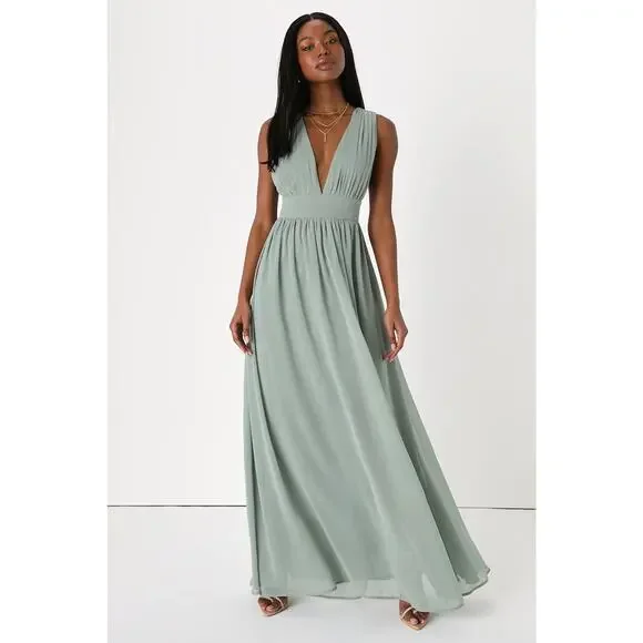 NWT Lulus Heavenly Hues Sage Brush Maxi Dress Wedding Bridesmaid Gala Size M - Picture 6 of 9
